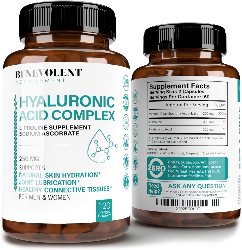 Hyaluronic酸は200mgのビタミンC、1000mg Lプロリン及び反老化の利点、若々しい皮のためのHyaluronic酸のカプセル、接合箇所及び結合組織の健康- 120のカプセルと250mgを補います