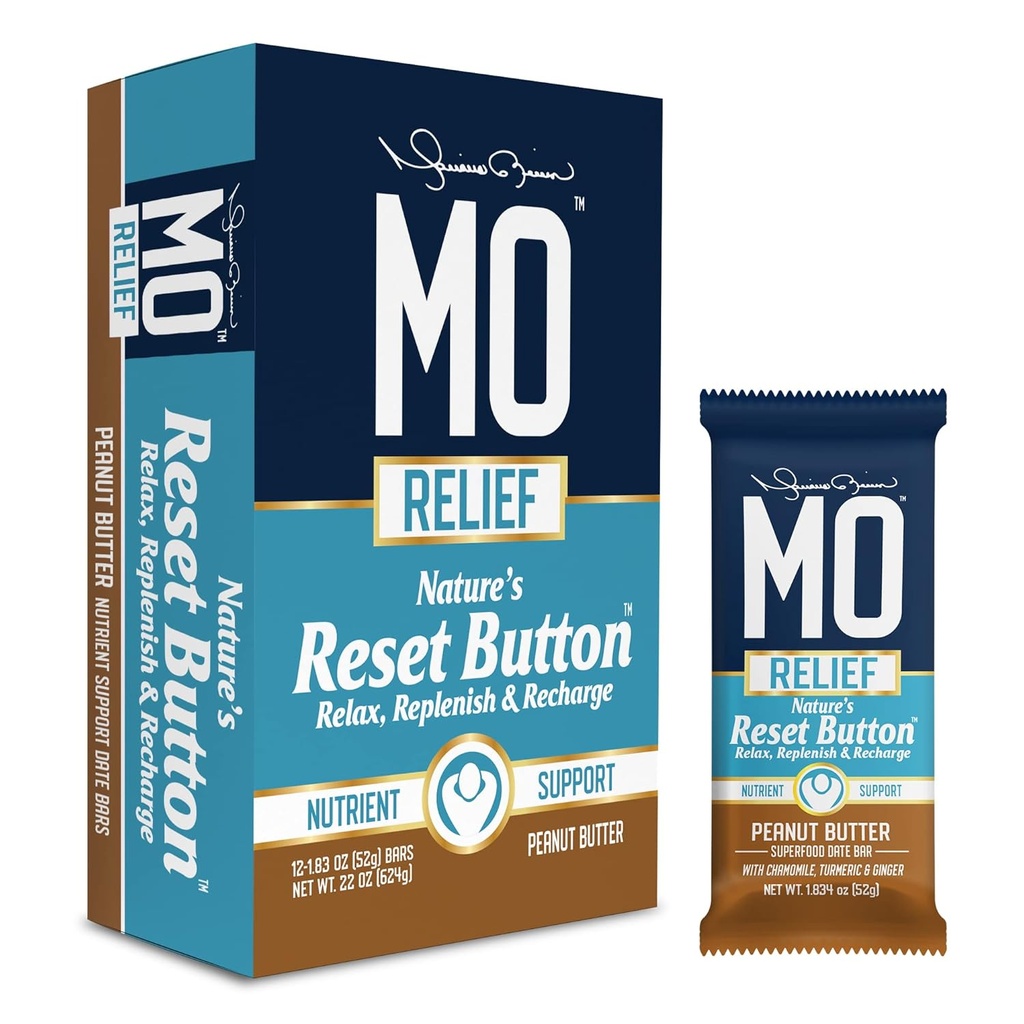 「MO RELIEF」バー - オールナチュラルスーパーフードスナックバー - 回復スナックバー - ワークアウト栄養サポートの後 日付、シャモミール、ターメリック、ジンジャー - (12 箱のバー)(ピーナッツバター)