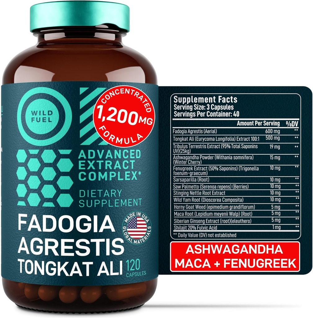 Fadogia AgrestisとTongkat Aliサプリメント - 600mg Fadogia Agrestis for Men, 500mg Longjack Tongkat Ali, Ashwagandha Maca Fenugreek Complex - 筋肉の強さ、エネルギー、気分のサポート - 120カプセル