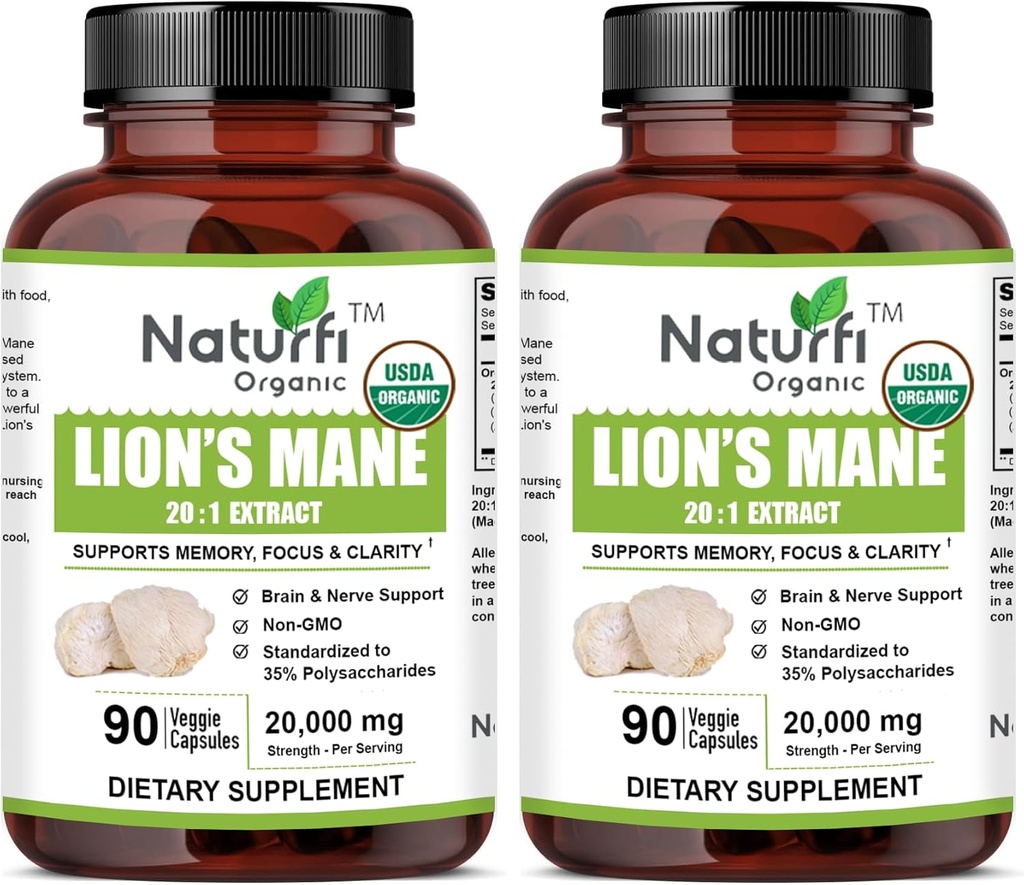 USDA Organic Lion's Mane 20:1 Extract, 20,000 mg Strength, 35% Polysaccharides, 180 Vegan Capsules, 90 Day Supply, Standardized and Concentrated 20X Extract, All-Natural and Non-GMO