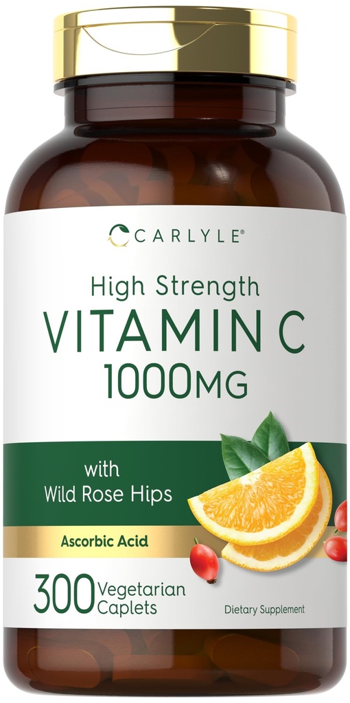 カルライルビタミンC 1000mg | 300 ベジタリアンカプレット | ワイルドローズヒップのアスコルビン酸 | 高強度フォーミュラ | 非GMOとグルテンフリーサプリメント