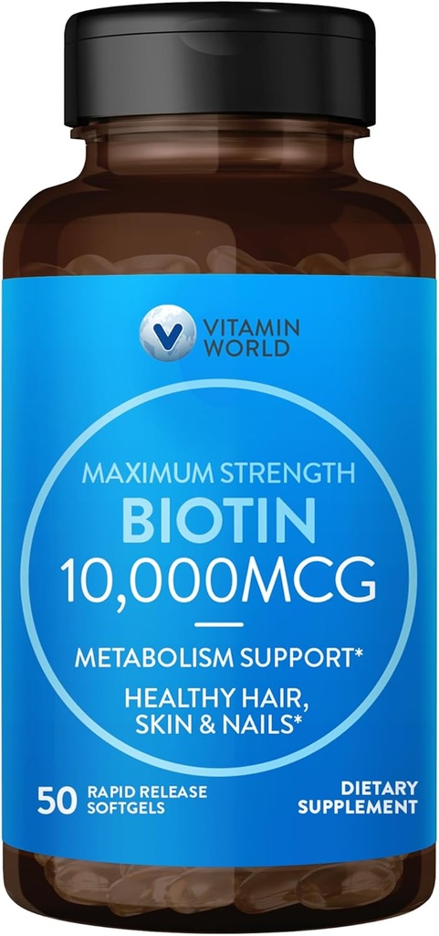 ビタミンの世界超メガビオチン10,000のmcg。50のSoftgels、ビタミンBは健康な毛、皮および釘、急速な解放、グルテンフリーを支えます