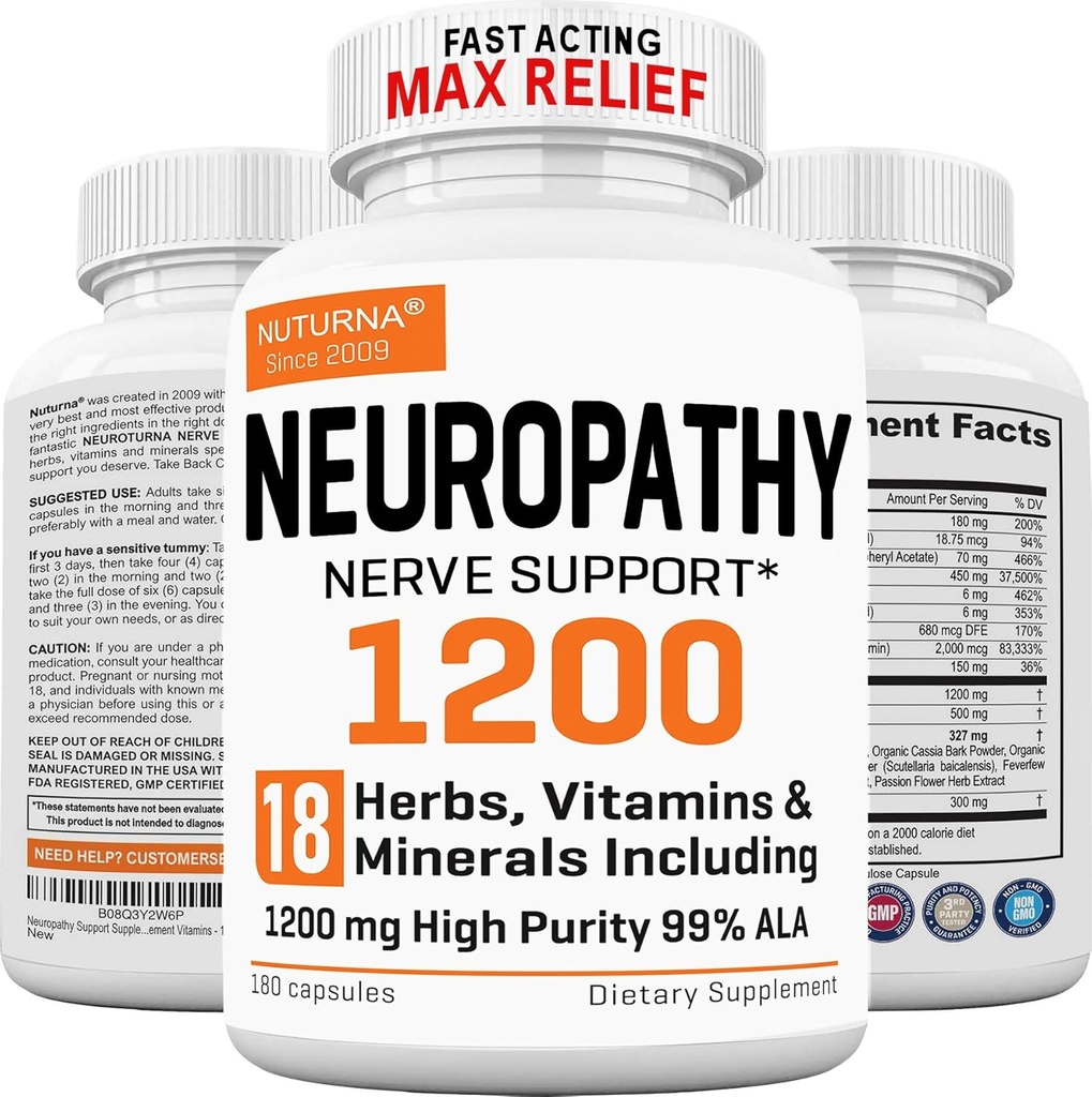 Neuropathy Support Supplement with 1200 mg HP-99 Alpha Lipoic Acid - Max Strength ALA Nerve Formula for Feet Hands Fingers Legs - Ultra Potent 18 in 1 Natural Peripheral Nerve Vitamins - 180 Capsules
