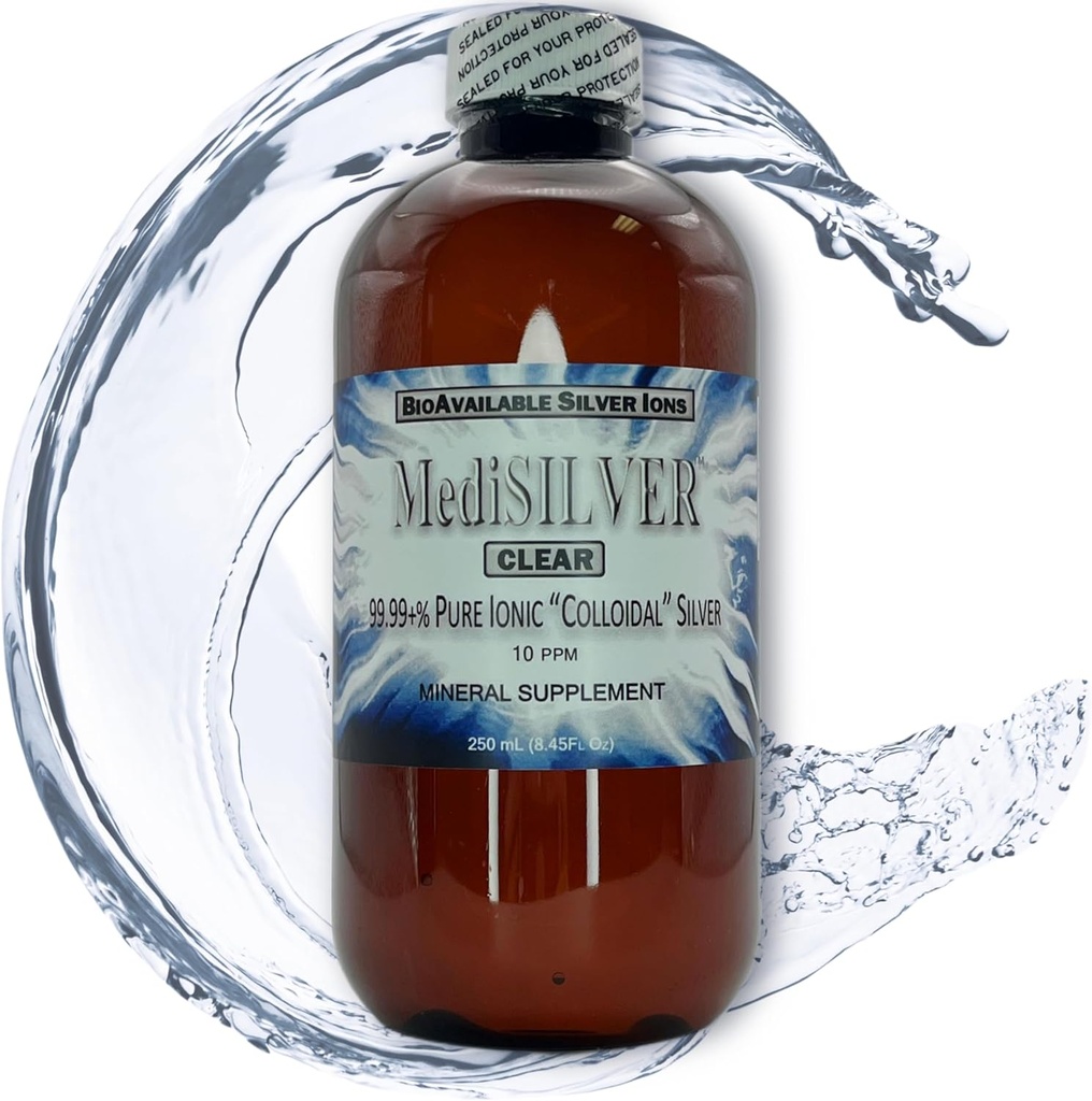 MediSILVERは真の自由なイオンコロイド銀の食事療法の補足- BPAフリーのアンバーのプラスチックびんの250のmL (8.45 Fl Oz)を取り除きます