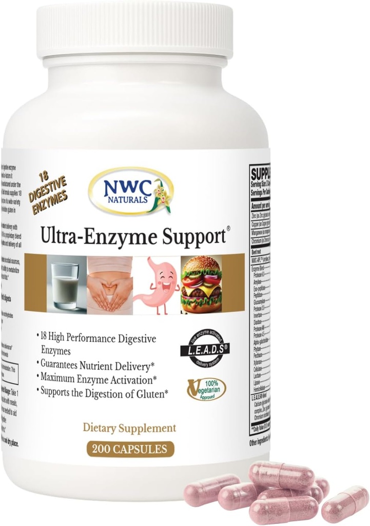 NWC Naturals Ultra-Enzyme Support, Natural Digestive Supplement, Promotes Optimal Health and Digestion, 200 count Capsules