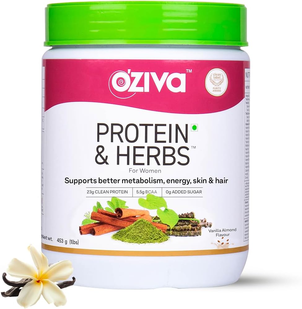 OZIVA Protein & Herbs for Women | 1.1 Lbs (500 gm) with Multivitamins, Curcumin, Shatavari, Tulsi for Improved Metabolism, Hormonal Balance & Skin, Hair Health, バニラアーモンド (1.1 lb)