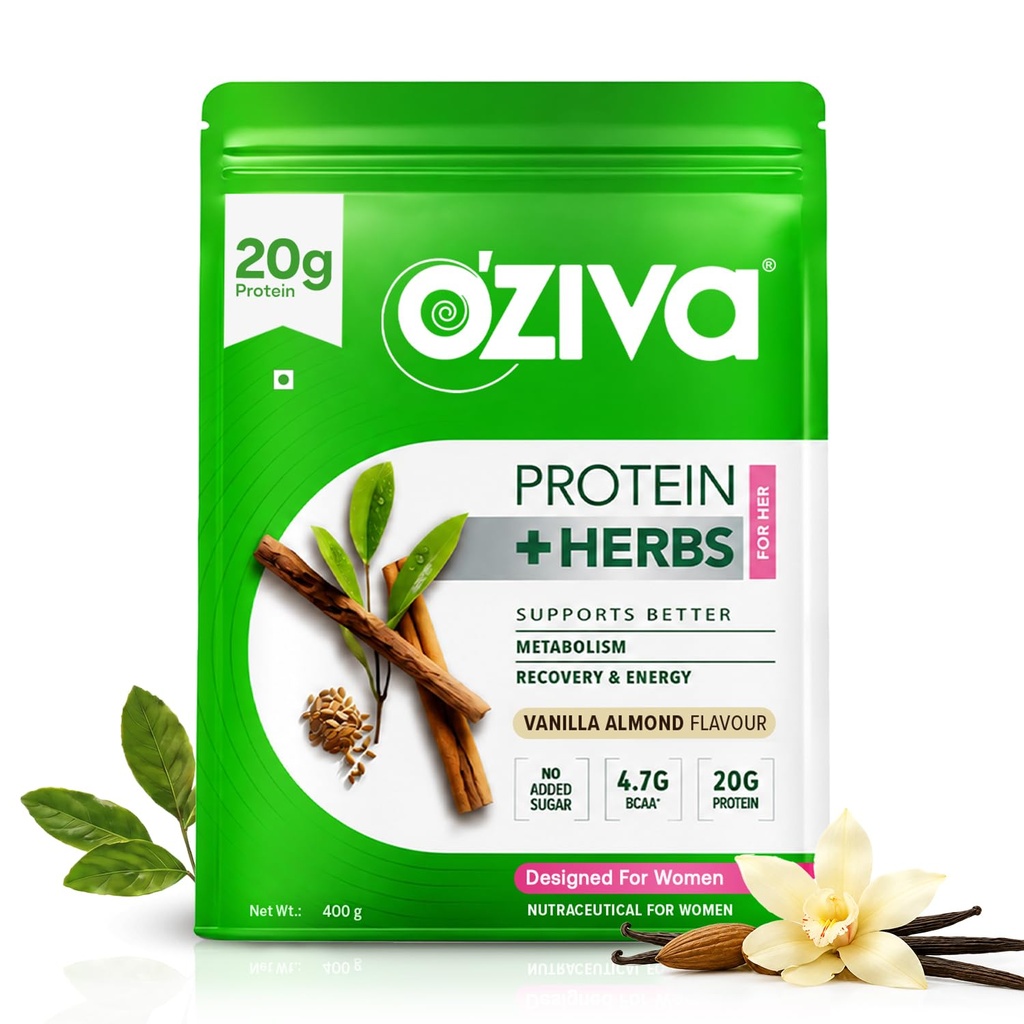 OZIVA Protein & Herbs for Women | 1.1 Lbs (500 gm) with Multivitamins, Curcumin, Shatavari, Tulsi for Improved Metabolism, Hormonal Balance & Skin, Hair Health, バニラアーモンド (1.1 lb)
