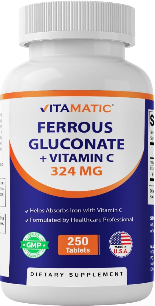 Vitamatic の鉄のグルコネート 324 の mg + ビタミン C 100 の mg - 人工的な色の添加物無し- Stomach の穏やかな- 250 上塗を施してあるタブレット-米国製