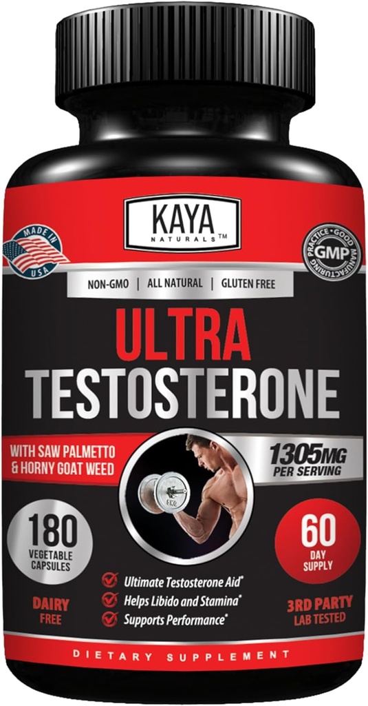 Kaya Naturals UltraTest-男子TブースターとTongkat Ali、Horny Goat Weed、Tribulus - エネルギー、スタミナ、および強度ブースターのための自然なワークアウトサプリメント - 180カウント