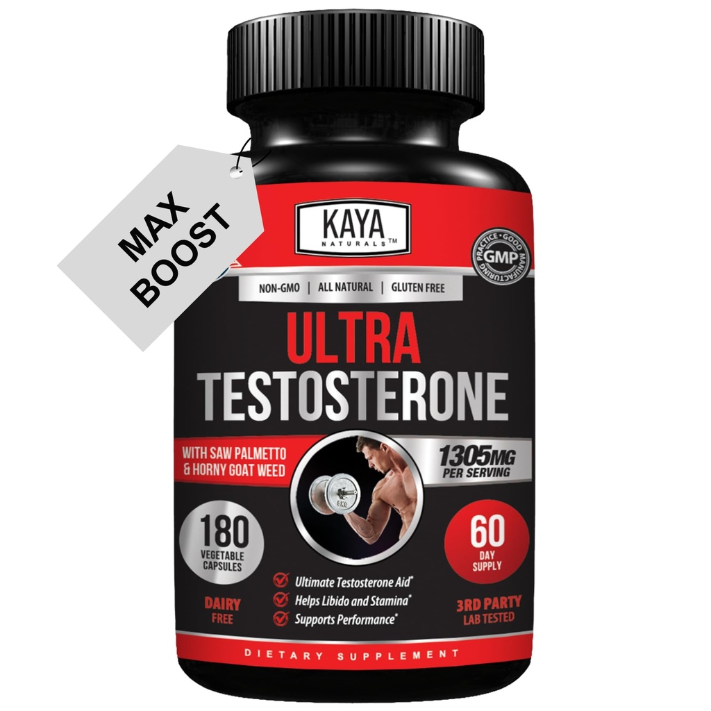 Kaya Naturals UltraTest-男子TブースターとTongkat Ali、Horny Goat Weed、Tribulus - エネルギー、スタミナ、および強度ブースターのための自然なワークアウトサプリメント - 180カウント