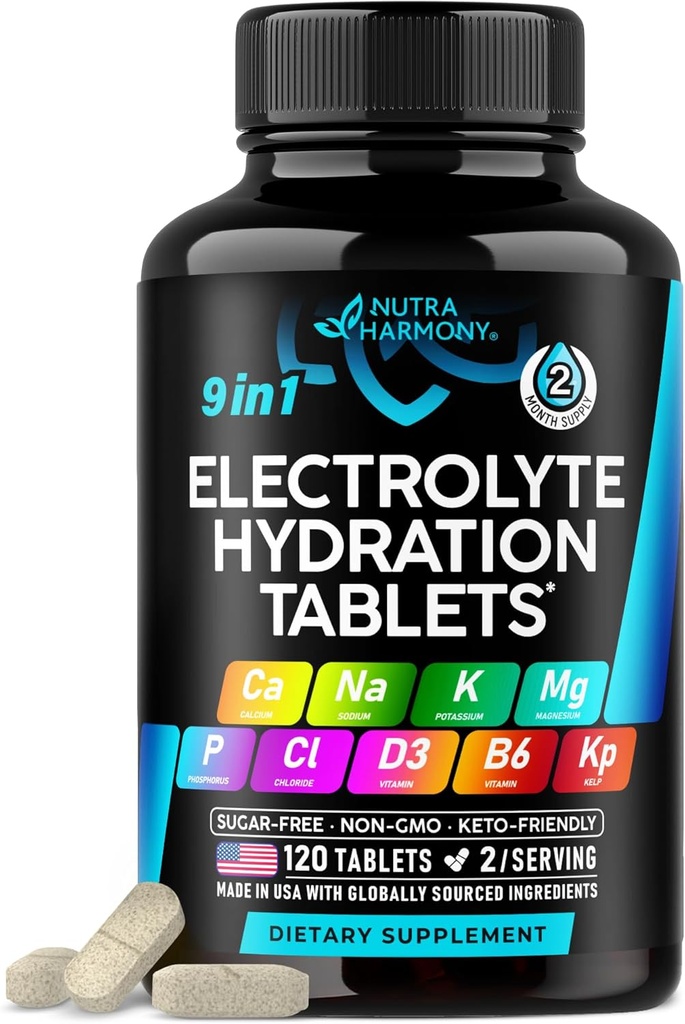 Electrolytes - Electrolyte Tablets with Magnesium, Sodium, Potassium, Chloride, Vitamins D3 & B6, Kelp Powder - Salt Pills - Made in USA - Oral Tablets as Capsules - Vegan & Keto Friendly - 120 Tabs