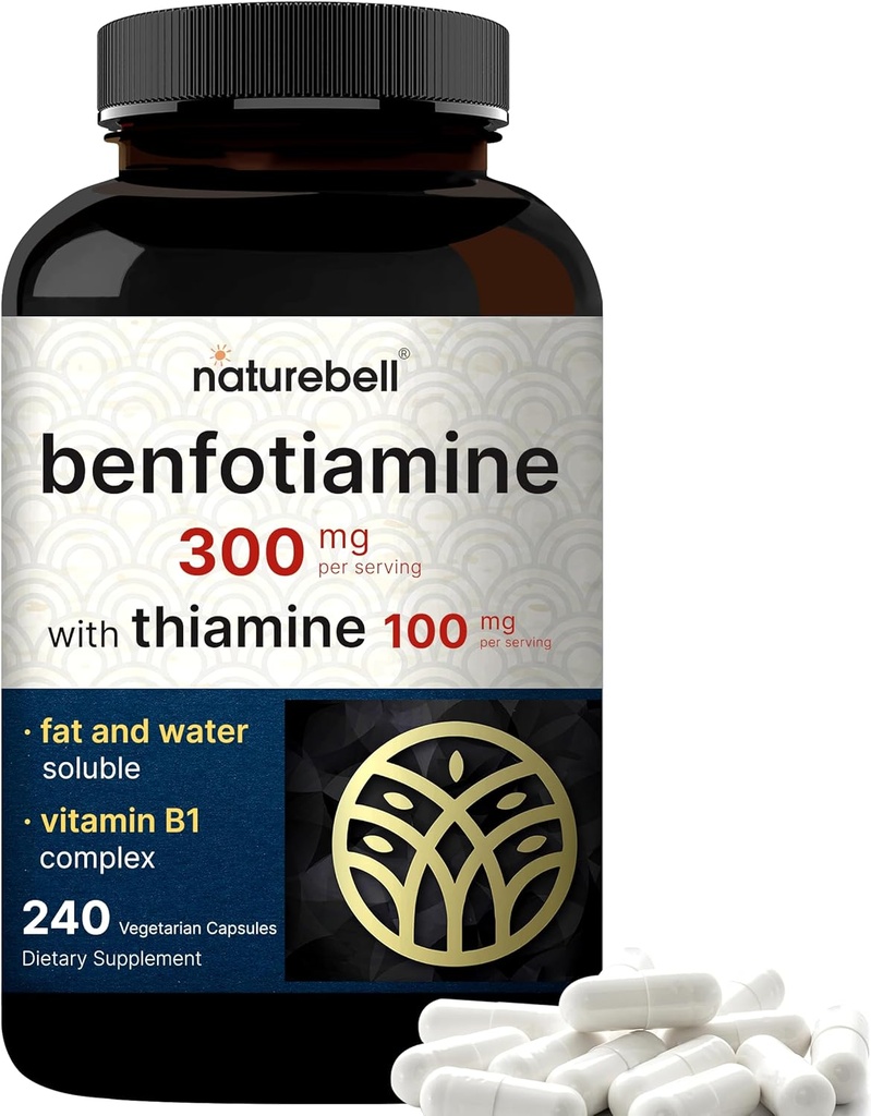 NatureBell Benfotiamine 300mg with Thiamine サービングあたり100mg   240 Veggieカプセル - 必須ビタミンB1 Benfotiamineサプリメント - ベジタリアンフレンドリー