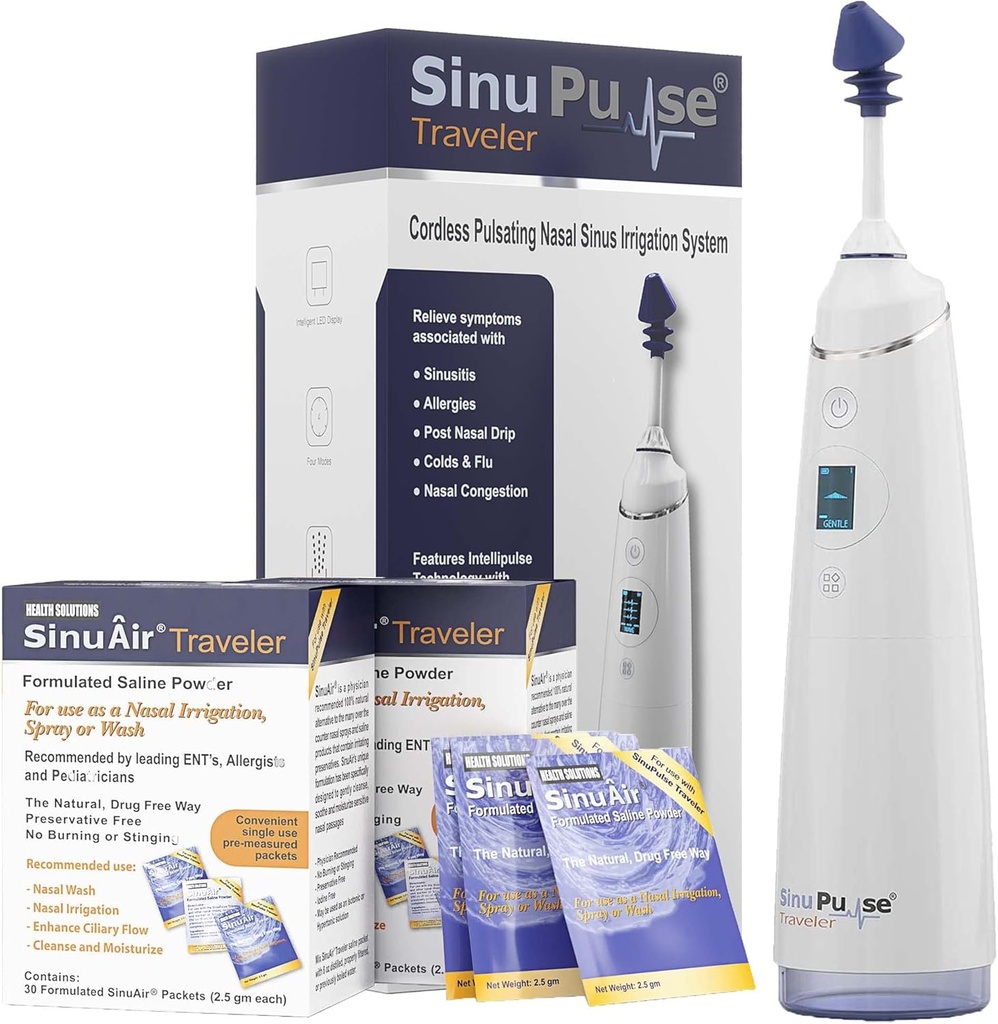 90 の Sinuair のパケットが付いている SinuPulse のトラベラー - 鼻の潅漑の Sinus のリンス システム、スペース節約の洗剤及び旅行のための救助機械、Neti の鍋か鼻のスプレーびんより有効な