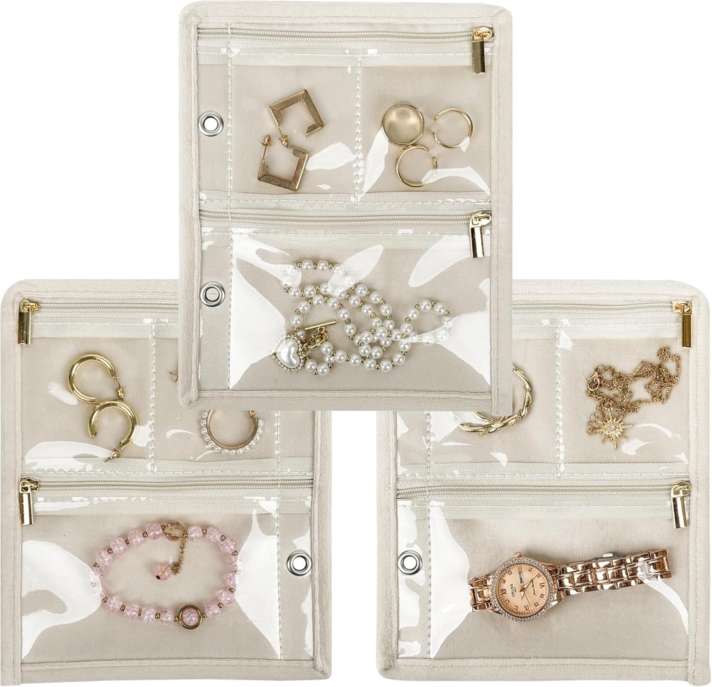 旅行宝石類のオルガナイザーの箱、宝石類袋の宝石類の貯蔵は旅行、イヤリング、リング、ネックレス、ブレスレット(内部のページ、ベージュ、3 PCS)のための明確なジッパーのビロードの袋が付いているバインダーを予約します