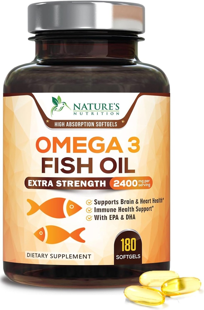 Omega 3 魚油 2400 mg – 心のためのトリプル強度 EPA & DHA 脂肪酸, 脳 & 関節サポート – ワイルドキャッチ, ビルプレス, レモン風味のサプリメント – ナチュラル, 非GMO, グルテンフリー – 180 ソフトゲル