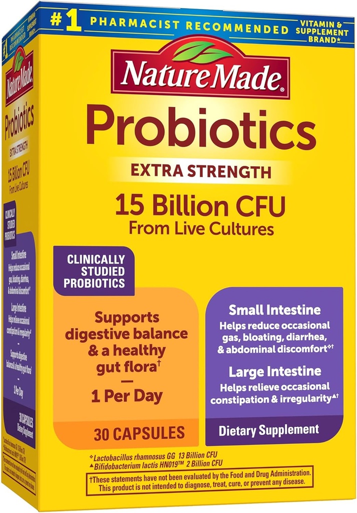 Nature Made Probiotics for Digestive Health Extra Strength 15 Billion CFU from Live Cultures, Probiotics for Women and Men, 30 Probiotic Capsules, 30 Day Supply