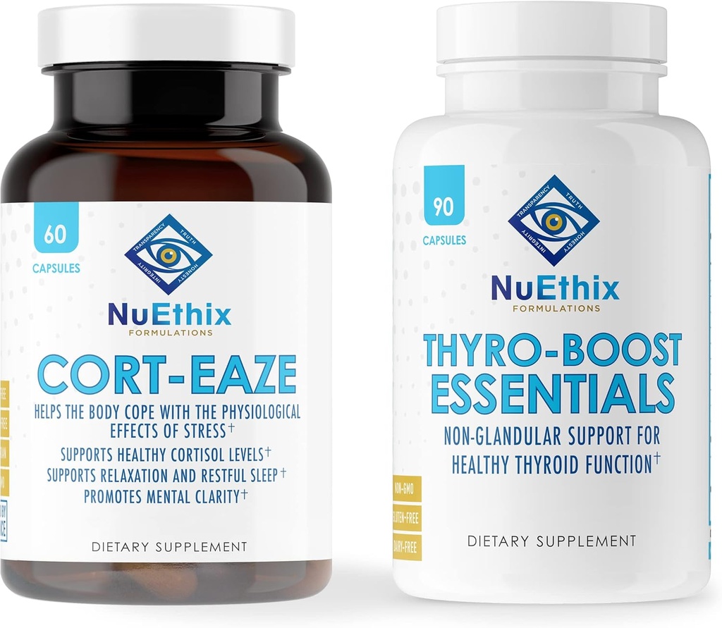 NuEthixの公式のCortisolおよび甲状腺サポート補足の束:Cort-EazeのCortisol制御補足、60のカプセル、30のサービングおよびThyroブーストの要素、90のカプセル