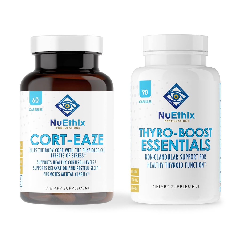 NuEthixの公式のCortisolおよび甲状腺サポート補足の束:Cort-EazeのCortisol制御補足、60のカプセル、30のサービングおよびThyroブーストの要素、90のカプセル