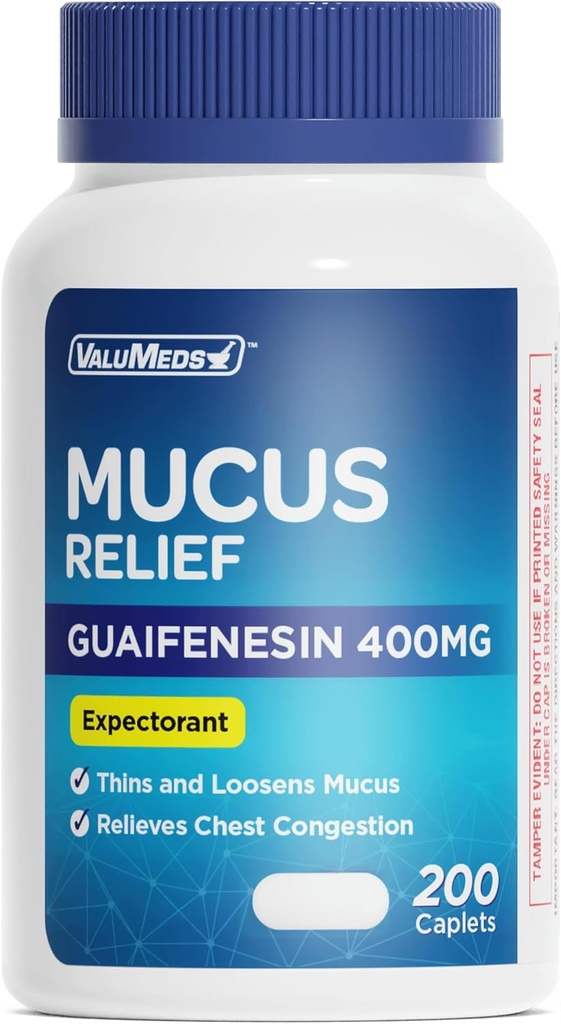 ValuMeds MucusリリーフGuaifenesin 400mg(200カプレット) | 最大強度 | 寒さ、胸の混雑、インフルエンザ、咳 | Expectorant&Decongestantのために薄くするムカス