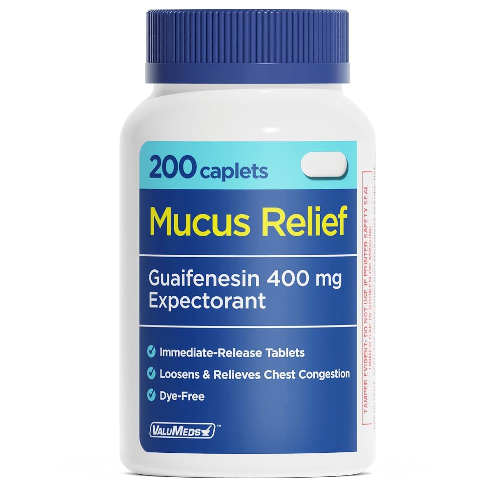 ValuMeds MucusリリーフGuaifenesin 400mg(200カプレット) | 最大強度 | 寒さ、胸の混雑、インフルエンザ、咳 | Expectorant&Decongestantのために薄くするムカス