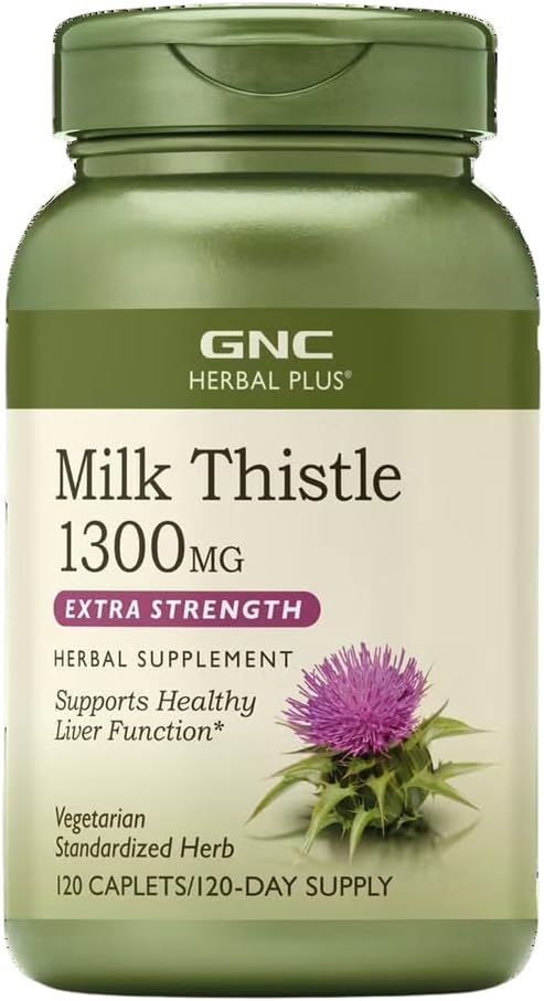 GNC Herbal Plus Milk Thistle 1300mg Supplement, Extra Strength, Vegetarian, Supports Healthy Liver Function, 120 Servings