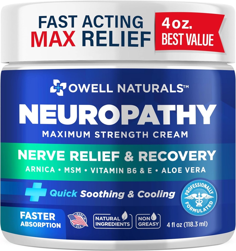 Owell Naturals Neuropathy Nerveリリーフクリーム、最大強度、グリースレス、天然成分アルニカ、アロエベラ、MSM、ビタミンB6フィート、手、足、足の不快感、4 Fl Oz(パッケージ1)