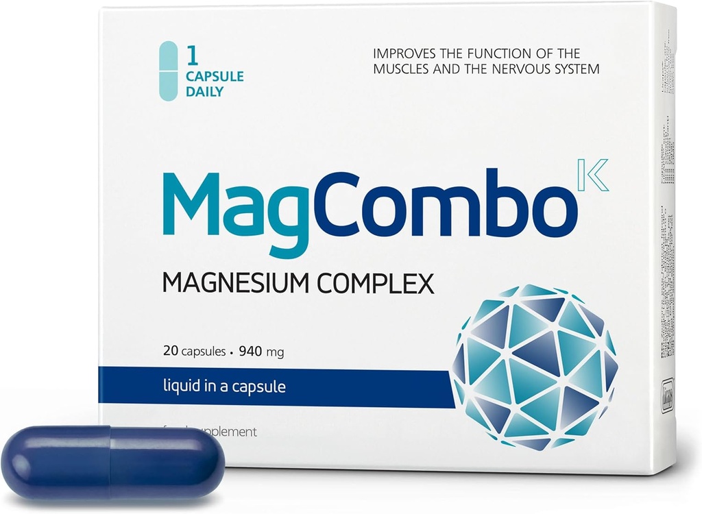 MagCombo - Concentrated Pure Magnesium, Special Oil Formula with Maximum Absorption for Leg Cramps, Tensed Muscles, Sleep, enriched with Vitamins В2, В6, В12 and С, only 1 Capsule Daily. (Pack of 1)