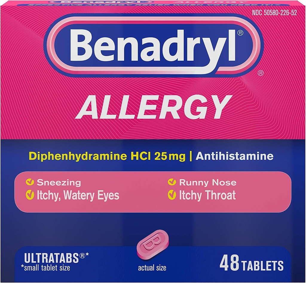 Benadryl UltratabsのAntihistamineのアレルギーの薬、Diphenhydramine HClのタブレット、48のct