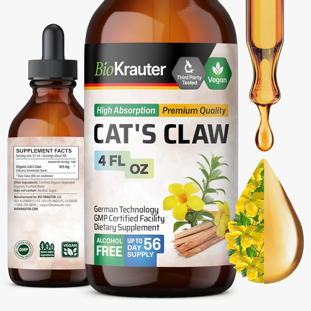 BIO KRAUTER Cats Claw Tincture - 免疫サポートのための液体猫爪ハーブ - アルコール&砂糖無料 - ビーガンドロップ 4 Fl.Oz.