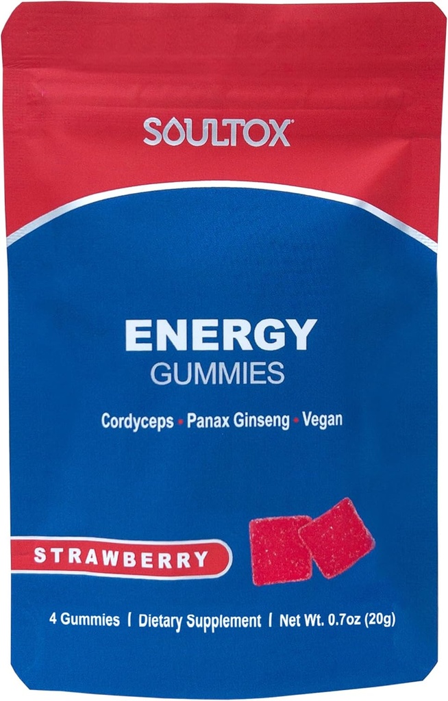 Soultox Energy Mushroom Gummies Strawberry - Vegan Formula with Ginseng, Cordyceps, Caffeine, Vitamin B12 - Boosts Energy and Cognitive Function - Natural Ingredients - 10 Pack
