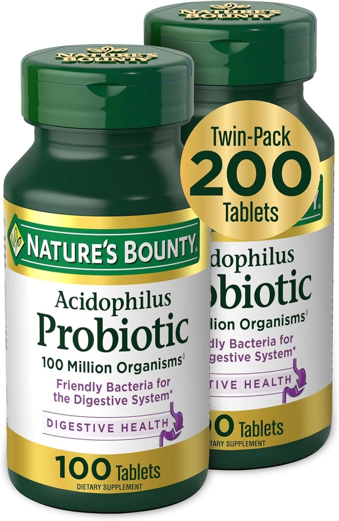 Nature's Bounty Acidophilus Probiotic、毎日のプロバイオティックサプリメント、消化の健康、200錠、ツインパック