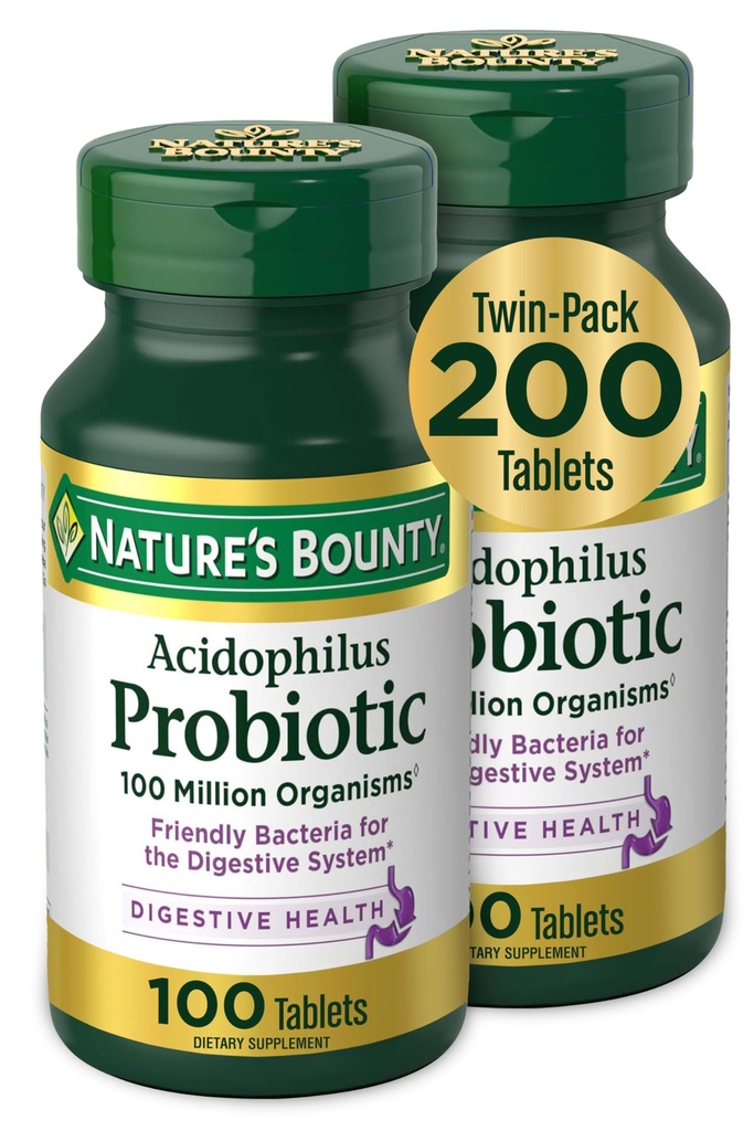 Nature's Bounty Acidophilus Probiotic、毎日のプロバイオティックサプリメント、消化の健康、200錠、ツインパック