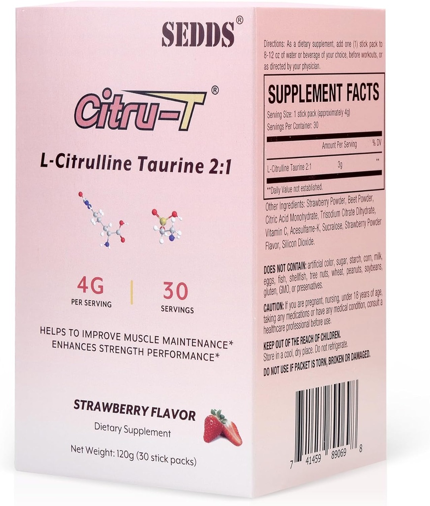 L-Citrulline Taurine 2:1, いちご風味Lシトルリンパウダーシトルリンサプリメント, ビーガンタウリンパウダー, カフェインフリー, グルテンフリー, 30パック