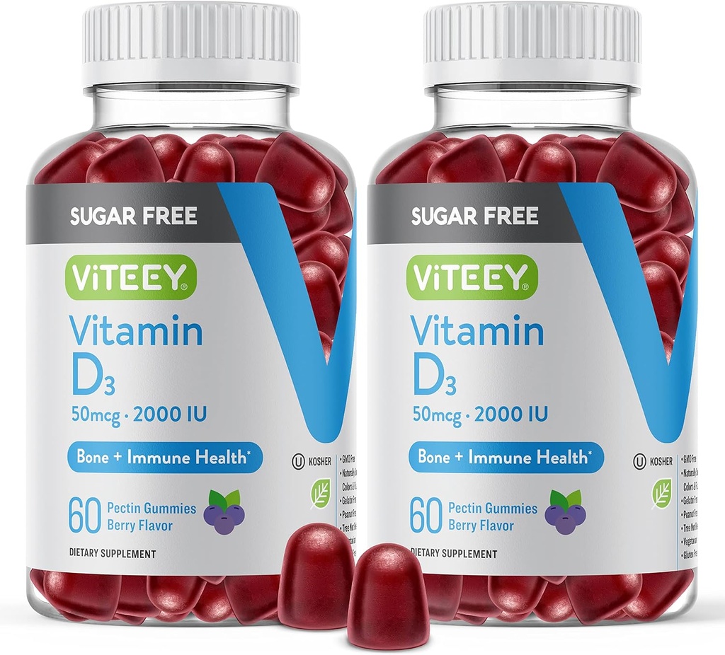 Viteey Vitamin D3 Gummies for Adults & Teens - 2,000 IU, 50mcg - Sugar Free, Bone, Joint & Muscle Health, Immune Boost - Vegetarian, Gelatin Free, GMO Free - Tasty Chewable Berry Flavored Gummy