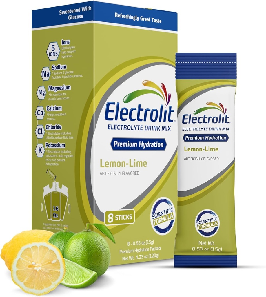 Electrolit Electrolytes Powder Packets, Lemon Lime 8 Pack, Powdered Hydration Packets for Dehydration & Rehydration, Post Workout Flavored Hydrating Drink Mix, Gluten Free Daily Water Enhancer Sticks