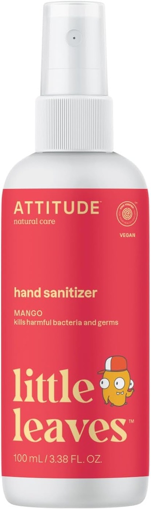 ATTITUDEの子供及び大人のための手のSanitizerのスプレー、EWGは、旅行サイズ、皮膚科学的にテストしました、植物および鉱物は、ビーガン、マンゴー、3.5 Fl Oz (スプレーのびん)を基づかせていました
