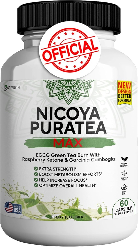 Nicoya PuraTea Max Green Tea Extract & Green Coffee Bean for Metabolism Support, 自然エネルギーブースト, 酸化防止リッチサプリメント – 60カプセル