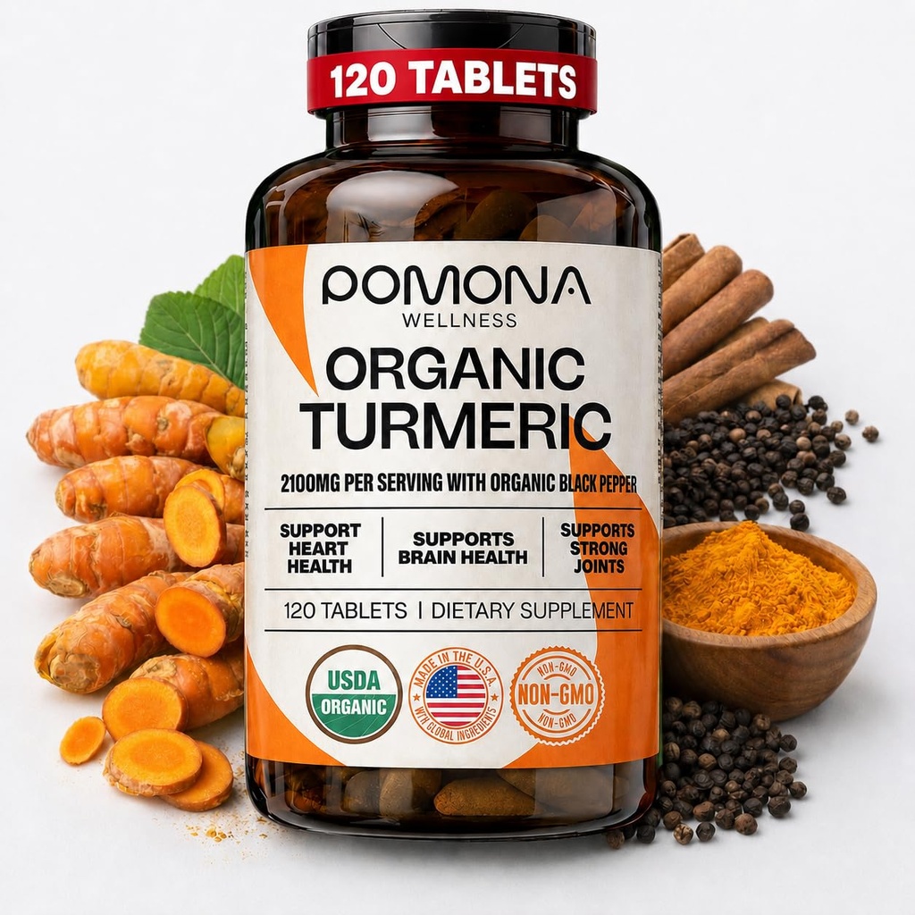 ポモナウェルネスオーガニックターメリックサプリメント2100mg、USDAオーガニック、非GMO、ビーガン、吸収のためのブラックペッパーとターメリッククルクミン、共同サポートと免疫、120錠