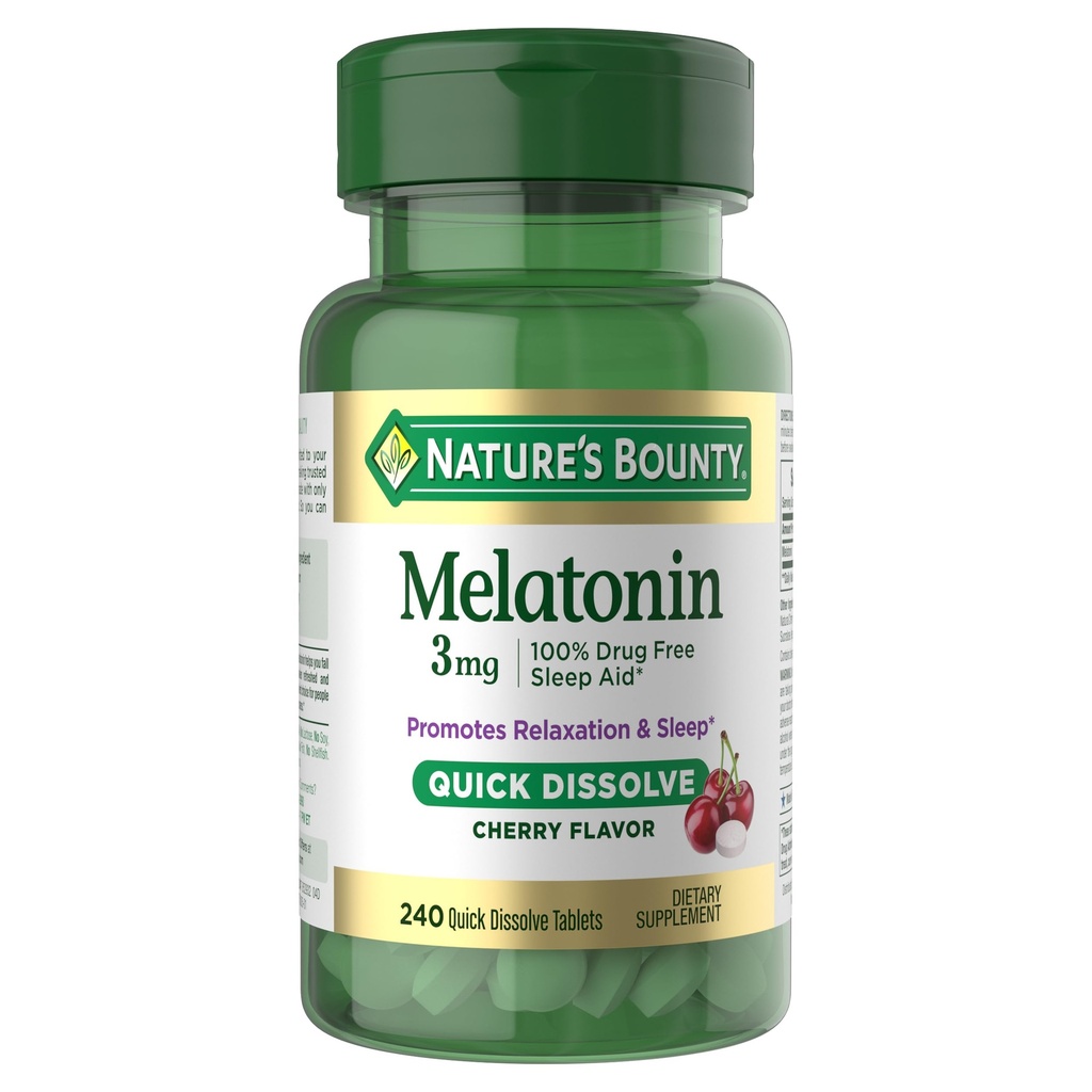Nature's Bounty Melatonin 3mgクイックディスソルブ、睡眠補助サプリメント、大人のための睡眠補助剤、チェリーフレーバー、240カウント(パッケージ1)