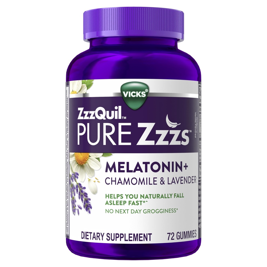 ZzzQuil PURE Zzzs Melatonin Gummies、睡眠補助金、Melatonin 2mg、Chamomile & Lavender、Melatonin Sleep Gummies、大人のための睡眠補助金、Wildberry Vanilla Flavored、72 Sleep Gummies