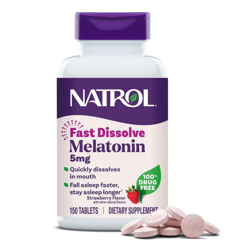 NatrolのMelatonin 5mgの速い分解のタブレット、大人のための睡眠サポート補足、いちごの味、150のタブレット、150日の供給まで