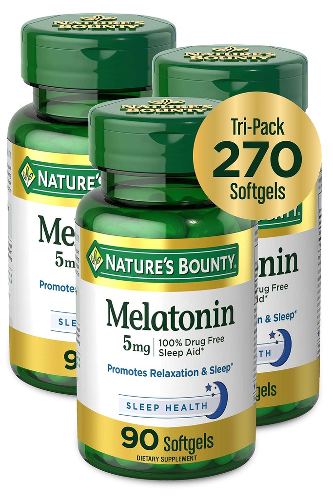 Nature's Bounty Melatonin 100%薬物無料睡眠補助金、栄養補助食品、リラックスと睡眠健康を促進、5 mg、90カウント、3のパック