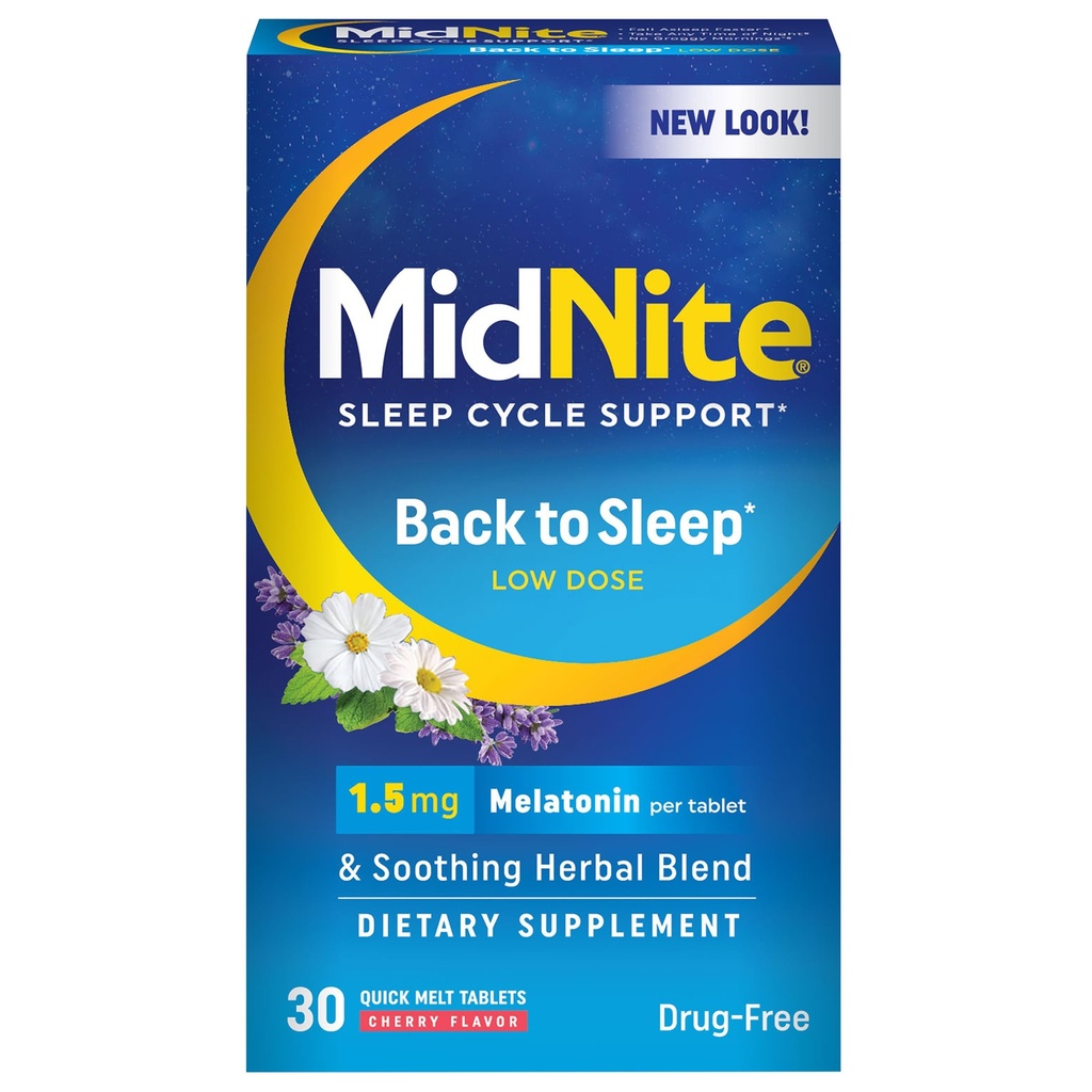 MidNite 低用量に戻る, 1.5 mg メラトニン睡眠補助金, 非ウサギの形成, 大人のためのハーブ栄養補助食品, 薬物なし, グルテンフリー, 乳糖フリー, ベジタリアン, ビーガン, 30 クイックメルト錠