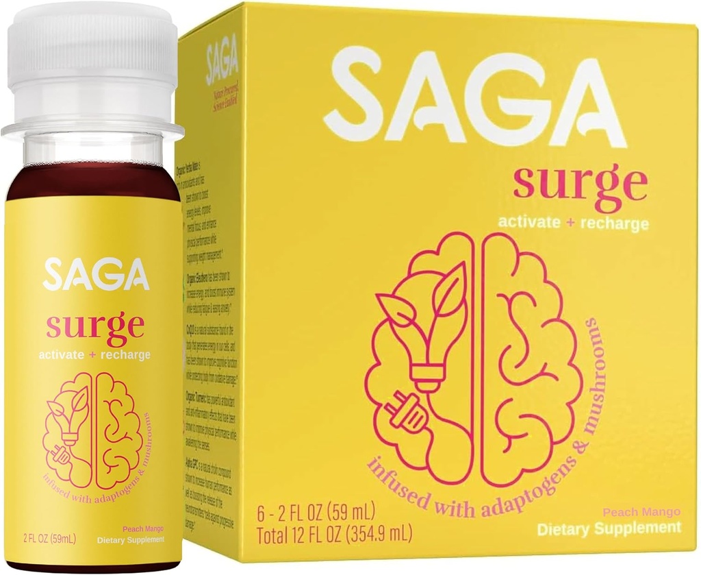 SAGA SURGE Organic Energy Shots | パフォーマンスドリンク | エルバ メイト & アルファ GPC サプリメント with CoQ10、ターメリック&マッシュルーム | プレワークアウト ブースト ドリンク フォー フォーカス、持久力&パフォーマンス | 2oz ピーチ マンゴー