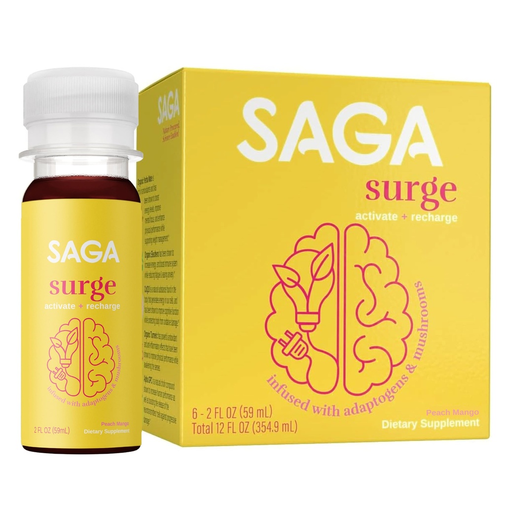 SAGA SURGE Organic Energy Shots | パフォーマンスドリンク | エルバ メイト & アルファ GPC サプリメント with CoQ10、ターメリック&マッシュルーム | プレワークアウト ブースト ドリンク フォー フォーカス、持久力&パフォーマンス | 2oz ピーチ マンゴー