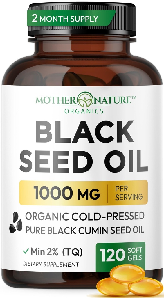 Black Seed Oil Capsules 1000mg, Organic Cold Pressed Black Cumin, High TQ, Immune & Joint Support, 120 Count (2 Month Supply)