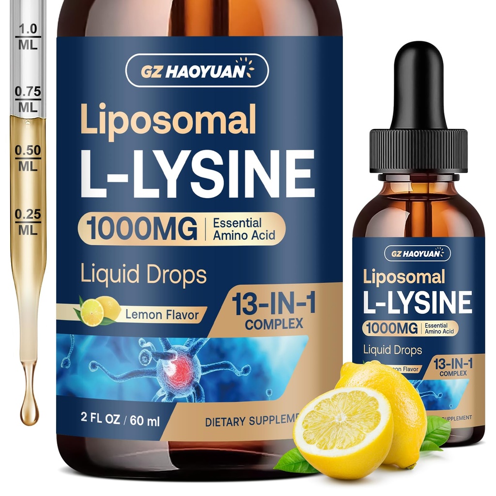Liposomal L-lysine 1000MGの液体の低下、13-in-1 Lysineの補足–モノローリン、ビタミンC、B6、D3、コラーゲン、唇、子供及び大人のための皮及び免疫サポートのためのB12及び亜鉛が付いているオリーブ葉のエキス、2oz