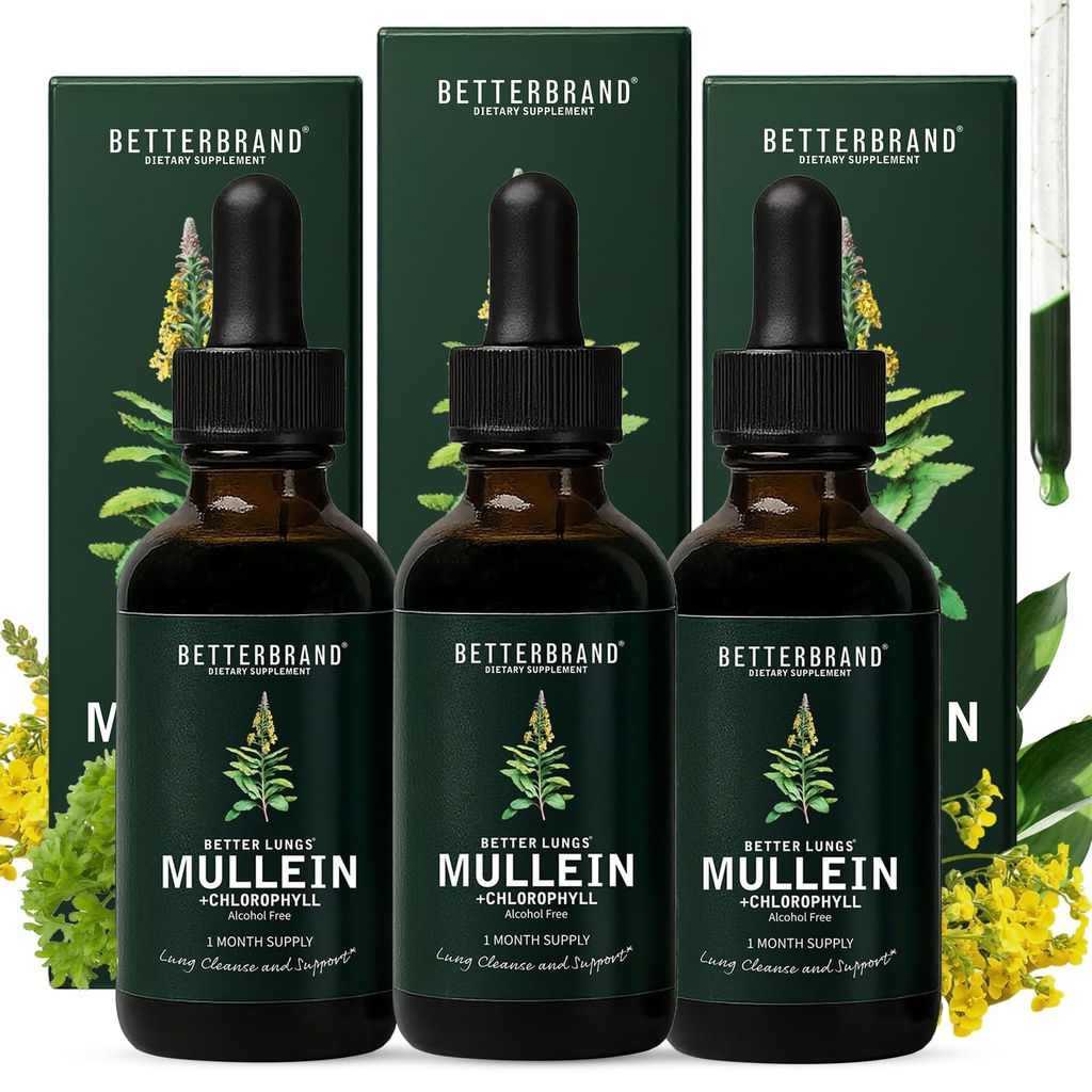 Betterbrand Mullein Lung Detox Drops (3-Pack), 60ml Mullein Leaf Tincture with Chlorophyll for Respiratory Health Support - Alcohol-Free - 3 Month Supply