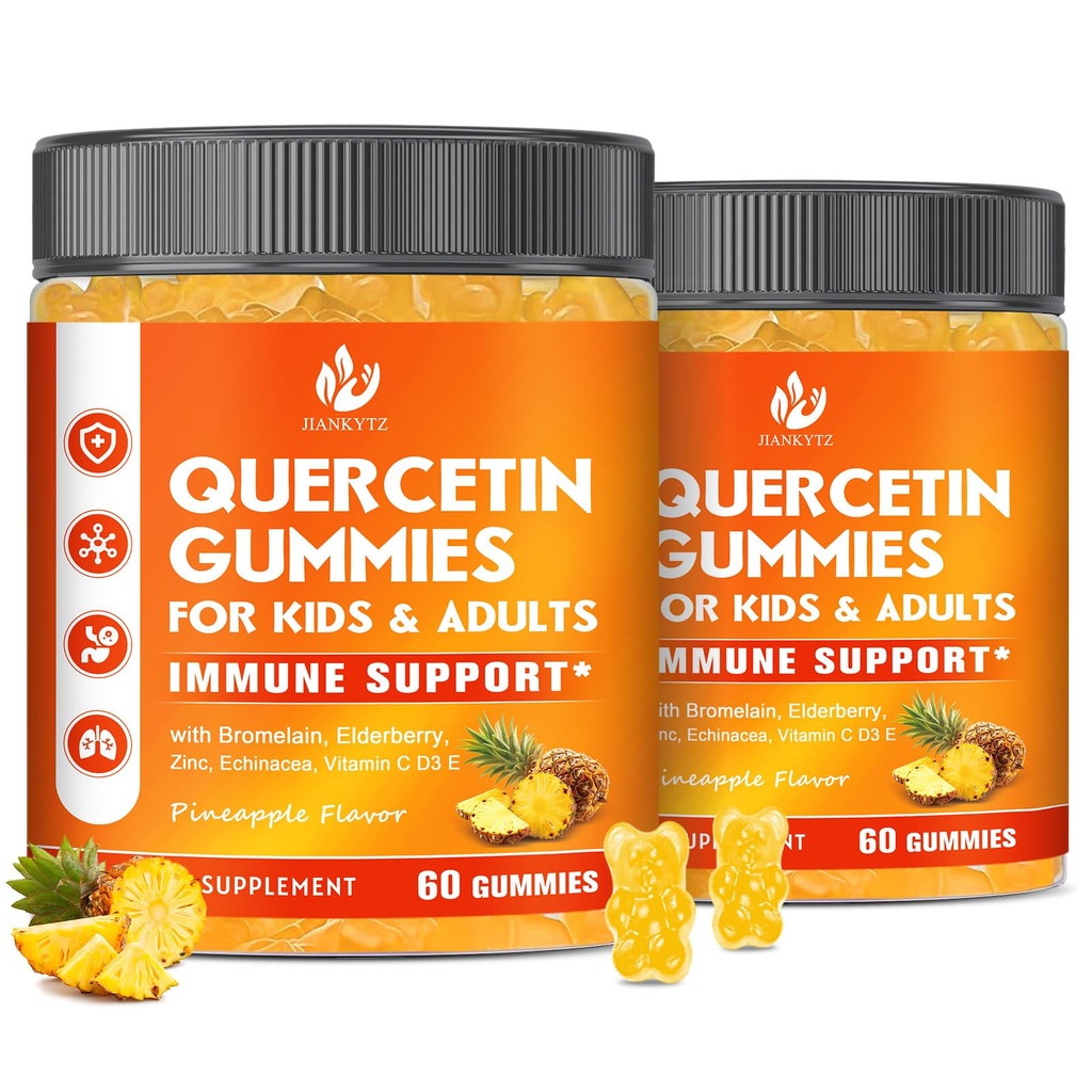 (2パック) 砂糖無料ケルセチンとBromelain Gummies for Kids & Adult - Immune、Antioxidant、Seasonal Support、1000mg QuercetinはBromelain、亜鉛、Elderberry、ビタミンC D3 E、120カウントを補います