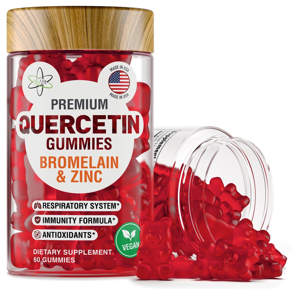 BioVit Quercetin Gummies 500MG - 子供のための活性化されたケルセチン & 大人免疫システム & アレルギー - BromelainでChewable, 亜鉛, ビタミンC, ビタミンD3 - アメリカ製 - 60ビーガンガミーベア